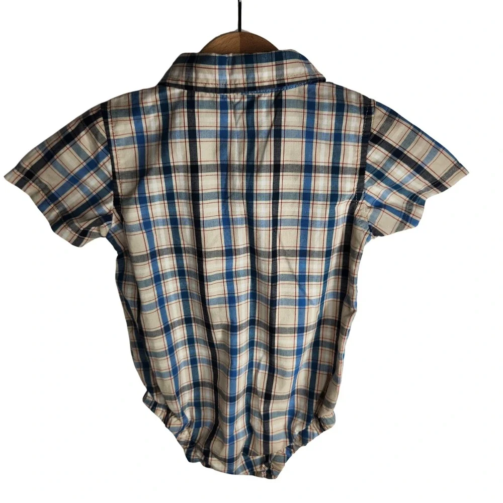 Wrangler Baby Plaid Western Shirt Bodysuit Romper 18 Month Blue Tan Short Sleeve